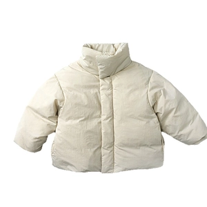 Kids minimalist cream white down jacket with stand collar and loose silhouette for winter