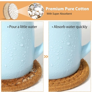Close-up of thick round cotton woven coasters showing super absorbent braided texture