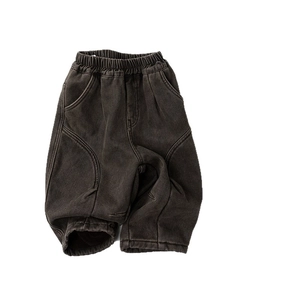 Pantalon rétro épais doublé polaire pour enfants en coton gris foncé délavé vintage