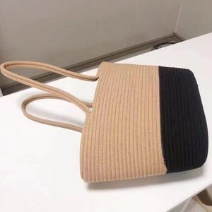 Sac fourre-tout tissé main en coton beige et noir, grand sac de plage d'été polyvalent