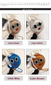 Detailed comparison of round woven straw bags with pearl sunglasses and red lip embroidery
