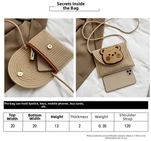 Detailed size guide for the woven straw bear envelope bag with precise measurements