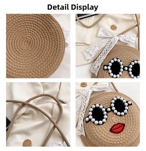 Detail view of woven straw bag with pearl glasses, red lips and lace bow decoration