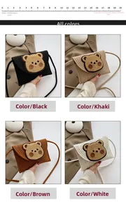 Handmade woven envelope shoulder bag with cute bear patch available in four diverse colors