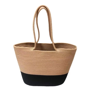 Sac fourre-tout bicolore en corde de coton tissée main en camel et noir pour l'été