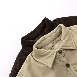 Detail of corduroy texture and quilted lining on warm padded shirts for children