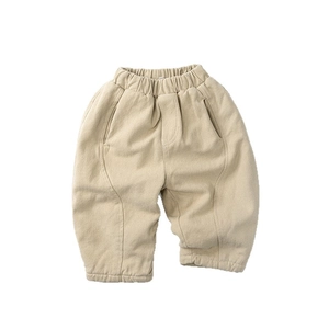 Fleece lined warm kids pants in beige with elastic waist and Korean minimalist style