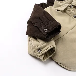 Padded corduroy shirt for kids in brown and khaki with textured cuff details