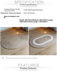 Detail of hand-woven oval rush grass rug showing natural texture and stitching technique