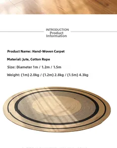 Detailed view of handmade woven jute and cotton rug showing texture and size specifications
