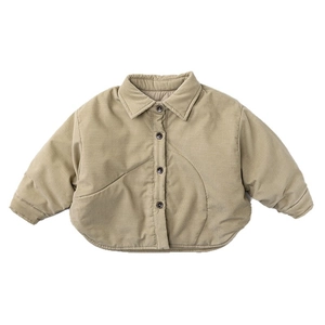 Thick warm khaki padded cotton jacket for children with lapel collar and buttons