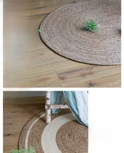Detailed macro view of natural cattail fiber rug with handcrafted woven texture