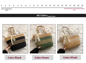 Straw woven beach tote bags in black, green and khaki colors with lace bow details