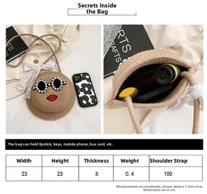 Size guide for woven straw bag with pearl glasses and capacity for essentials