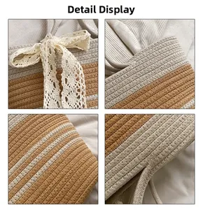 Detail view of woven straw beach bag featuring intricate lace bow and textured handles