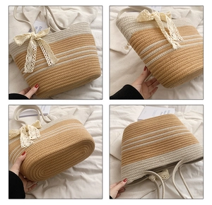 Detailed four-angle view of a handmade woven beach bag with lace bow and striped pattern