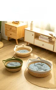 Handwoven sisal pet beds with cute cat ears and wave pattern cushions in three colors