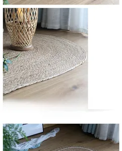 Close-up of spiral woven natural jute rug with reinforced edges on light wood floor