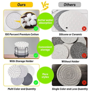 Comparison showing premium cotton woven coasters with water absorption and metal storage holder