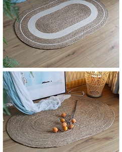 Detailed macro view of spiral woven jute texture on an oval bohemian area rug