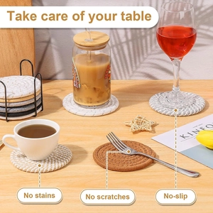 Close-up of thick woven cotton rope coasters showing heat-resistant braided texture