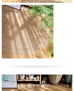 Detailed close-up of a circular woven seagrass rug with natural spiral texture and Nordic style
