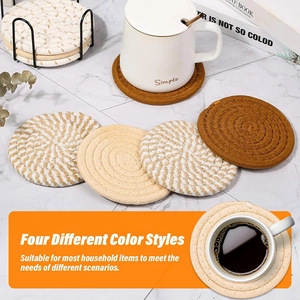 Thick woven cotton rope coasters set in multiple colors with a metal storage holder