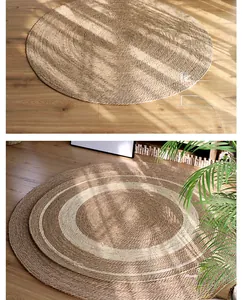 Detail of hand-woven round jute rug showing natural fiber texture and spiral braided pattern