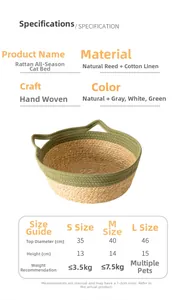 Size chart showing diameter and height for rattan cat beds in small, medium, and large sizes