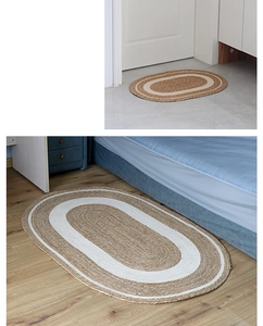Close-up of oval hand-woven jute rug with natural fiber textures for home decor