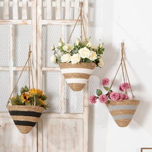Hanging woven plant baskets set of 3 with colorful stripes for Nordic home decor