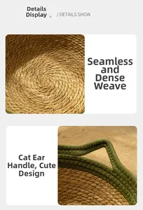 Macro detail of seamless tight-woven grass cat bed with cute cat ear shaped handles