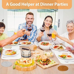 Thick cotton woven coasters set with black metal holder for family dinner party table