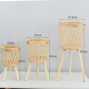 Three-size woven bamboo plant stands with wooden legs showing dimensions and heights