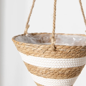 Nordic woven hanging planter basket with natural grass fiber and white cotton stripes