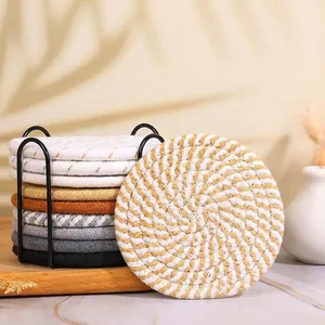 Braided Cotton Rope Coasters Set With Metal Holder Round Absorbent Heat Resistant Drink Coasters For Desktop Table Home Decor