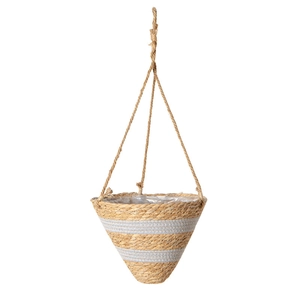 Nordic hanging woven seagrass planter basket with natural texture and grey stripes
