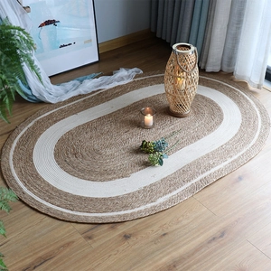 Modern Minimalist Oval Wool Woven Rug Natural Fiber Striped Floor Mat For Bedroom Hotel Bohemian Style Decorative Rug