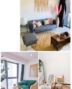 Detailed collage of a round woven jute rug in a Nordic minimalist living room setting