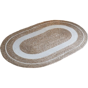 Oval woven jute rug with white accents, natural grass area mat for modern home decor