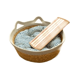 Handwoven panda-shaped pet summer bed with cooling bamboo mat and wave pattern cushion