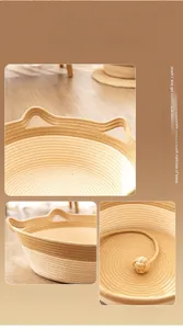 Detail view of woven cat bed showing sturdy double handles and cat tail design elements
