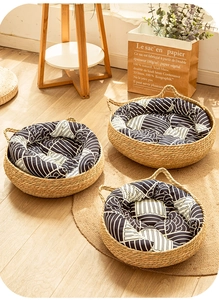 Three-piece set of woven cattail grass pet beds with modern geometric patterned cushions