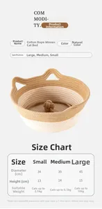 Size chart for woven cotton rope cat bed showing small, medium, and large dimensions