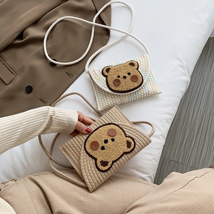 Women Woven Straw Crossbody Bag Cute Cartoon Bear Envelope Phone Bag Bohemian Summer Beach Small Shoulder Handbag Girl Accessory