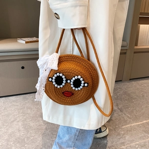 Chic round straw woven crossbody bag with pearl sunglasses face and white lace bow