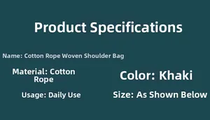 Detailed product specifications for khaki cotton rope woven tote bag with size info