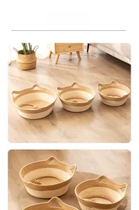 Detail showing handwoven cotton rope cat ear baskets in various sizes with dual tones