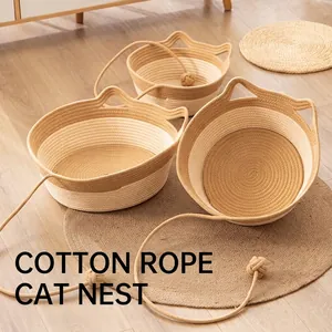 Handwoven Cotton Rope Cat Bed Four Seasons Universal Pet Basket With Cute Cat Ears Two-Tone Breathable Pet Nest Small Pets