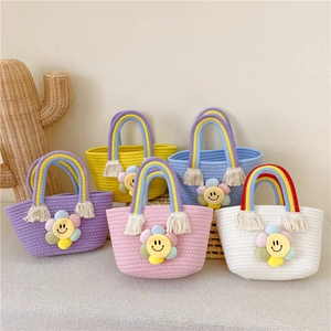 Cute Kids Cotton Woven Handbag With Rainbow Handle And Sun Flower Decoration Mini Tote Basket Bag For Girls Toddlers